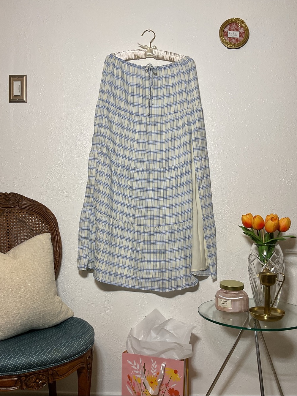 Light Blue and White Plaid Maxi Skirt with Tiered Design